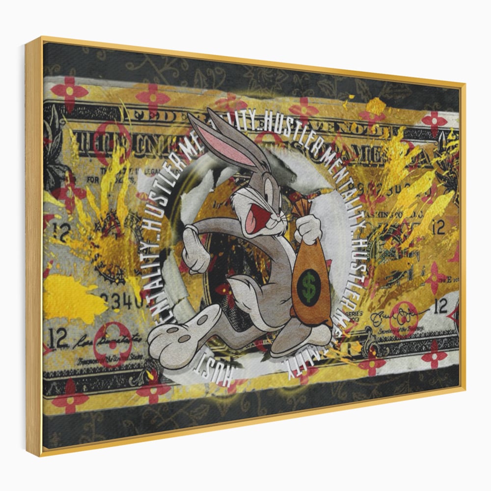Tablou canvas cu tablou canvas cu dolar si bugs bunny, in rama de aluminiu auriu