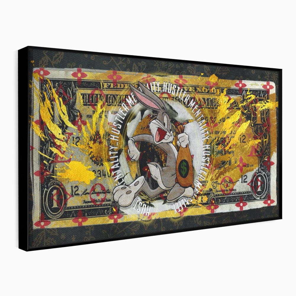 Tablou canvas cu tablou canvas cu dolar si bugs bunny, in rama de aluminiu negru
