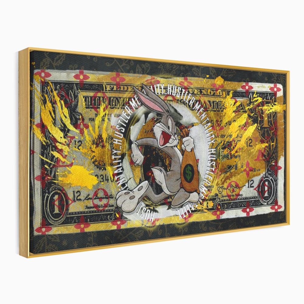Tablou canvas cu tablou canvas cu dolar si bugs bunny, in rama de aluminiu auriu