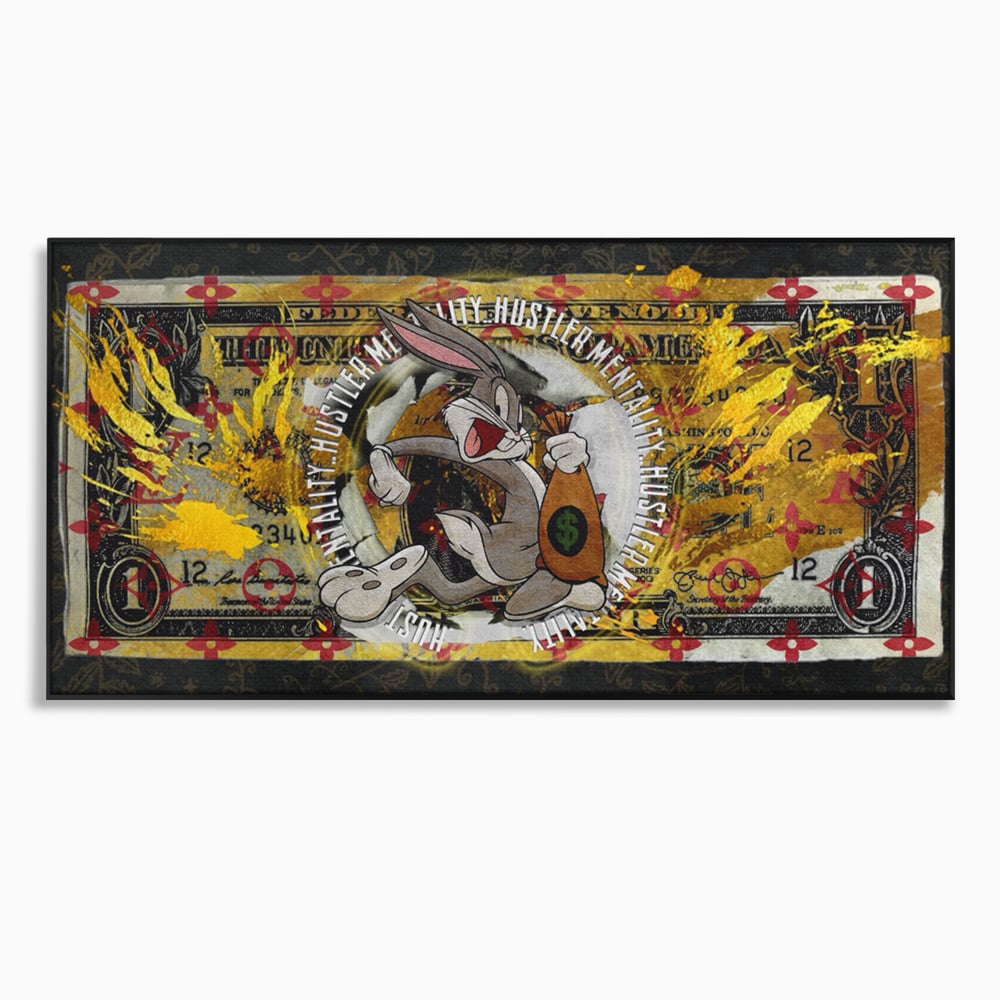 Tablou canvas cu tablou canvas cu dolar si bugs bunny, in rama de aluminiu negru
