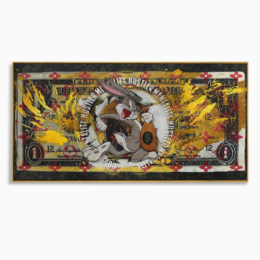 Tablou canvas cu tablou canvas cu dolar si bugs bunny, in rama de aluminiu auriu