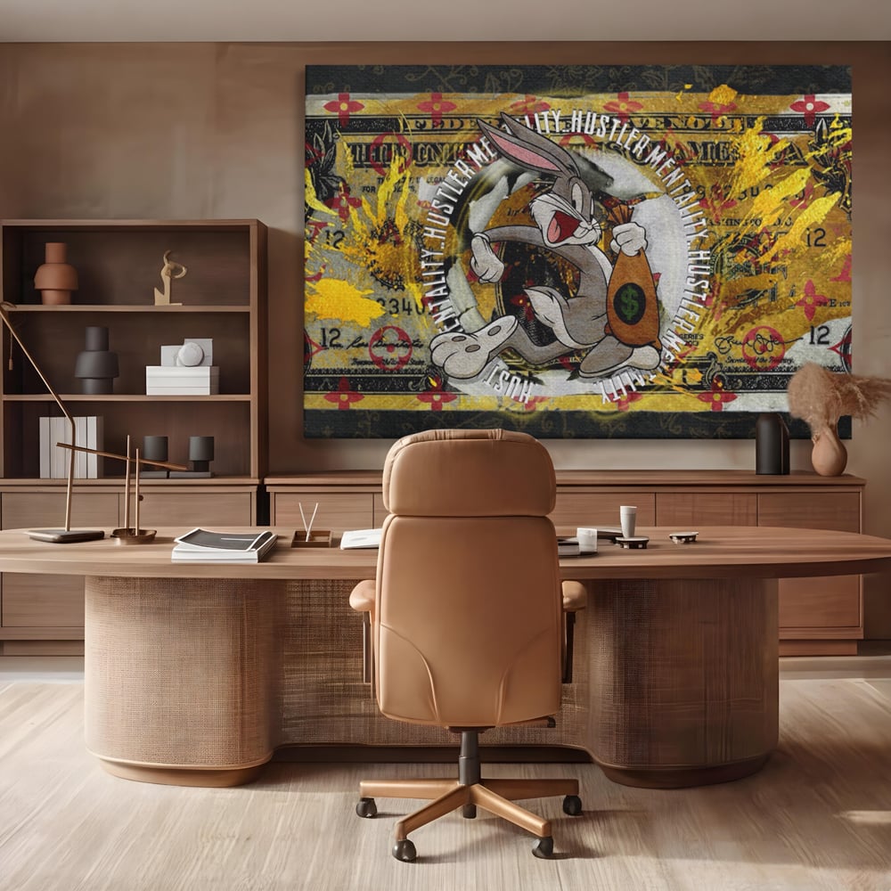 Tablou canvas cu tablou canvas cu dolar si bugs bunny, fara rama, pe sasiu de lemn, pe perete intr-un birou