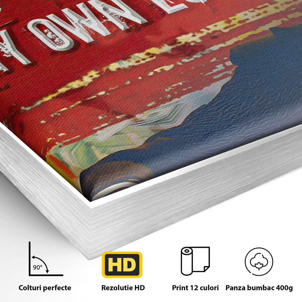 Detaliu al suprafetei: tablou canvas cu harvey specter si bancnote, in rama de aluminiu argintiu
