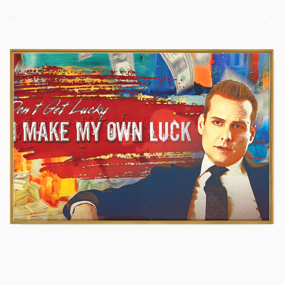 Tablou canvas cu tablou canvas cu harvey specter si bancnote, in rama de aluminiu auriu
