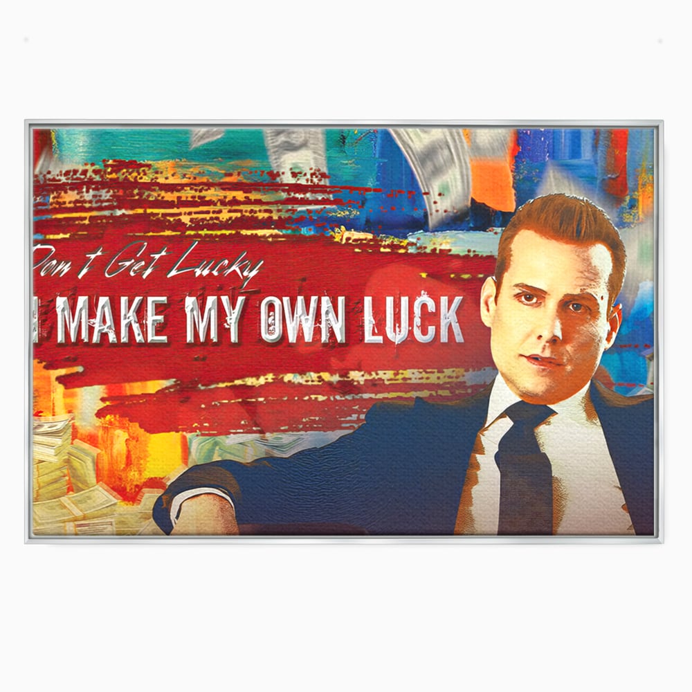 Tablou canvas cu tablou canvas cu harvey specter si bancnote, in rama de aluminiu argintiu