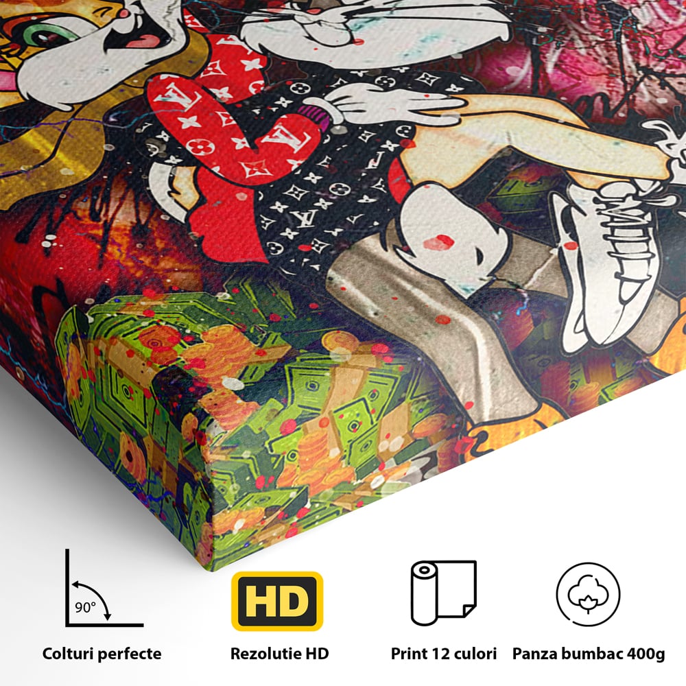 Detaliu al suprafetei: tablou canvas cu lola bunny si bugs bunny, fara rama, pe sasiu de lemn