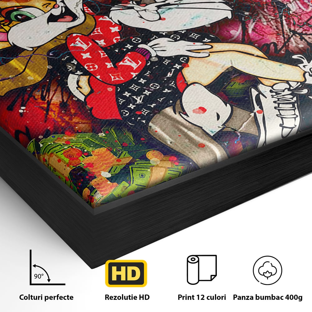 Detaliu al suprafetei: tablou canvas cu lola bunny si bugs bunny, in rama de aluminiu negru