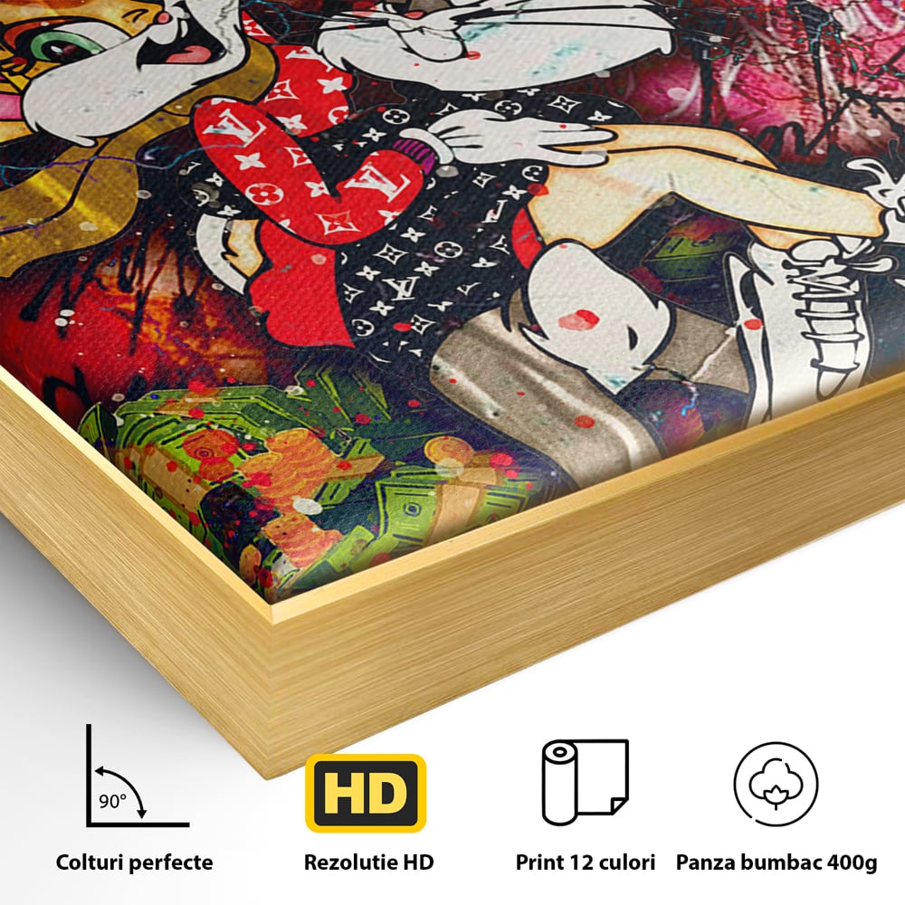 Detaliu al suprafetei: tablou canvas cu lola bunny si bugs bunny, in rama de aluminiu auriu