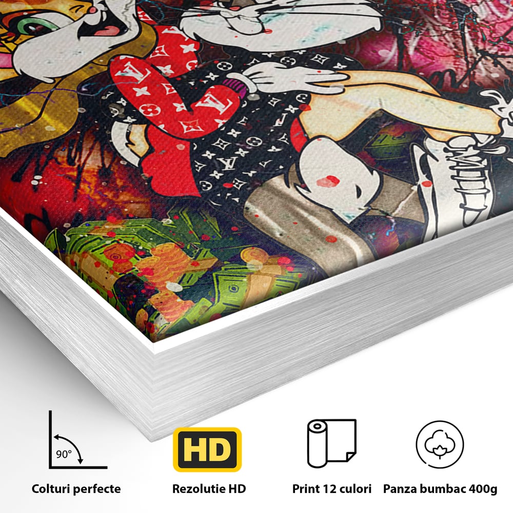 Detaliu al suprafetei: tablou canvas cu lola bunny si bugs bunny, in rama de aluminiu argintiu