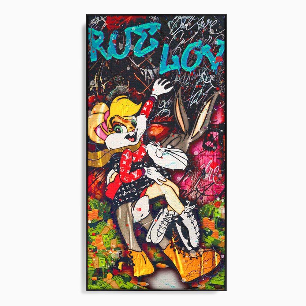 Tablou canvas cu tablou canvas cu lola bunny si bugs bunny, in rama de aluminiu negru