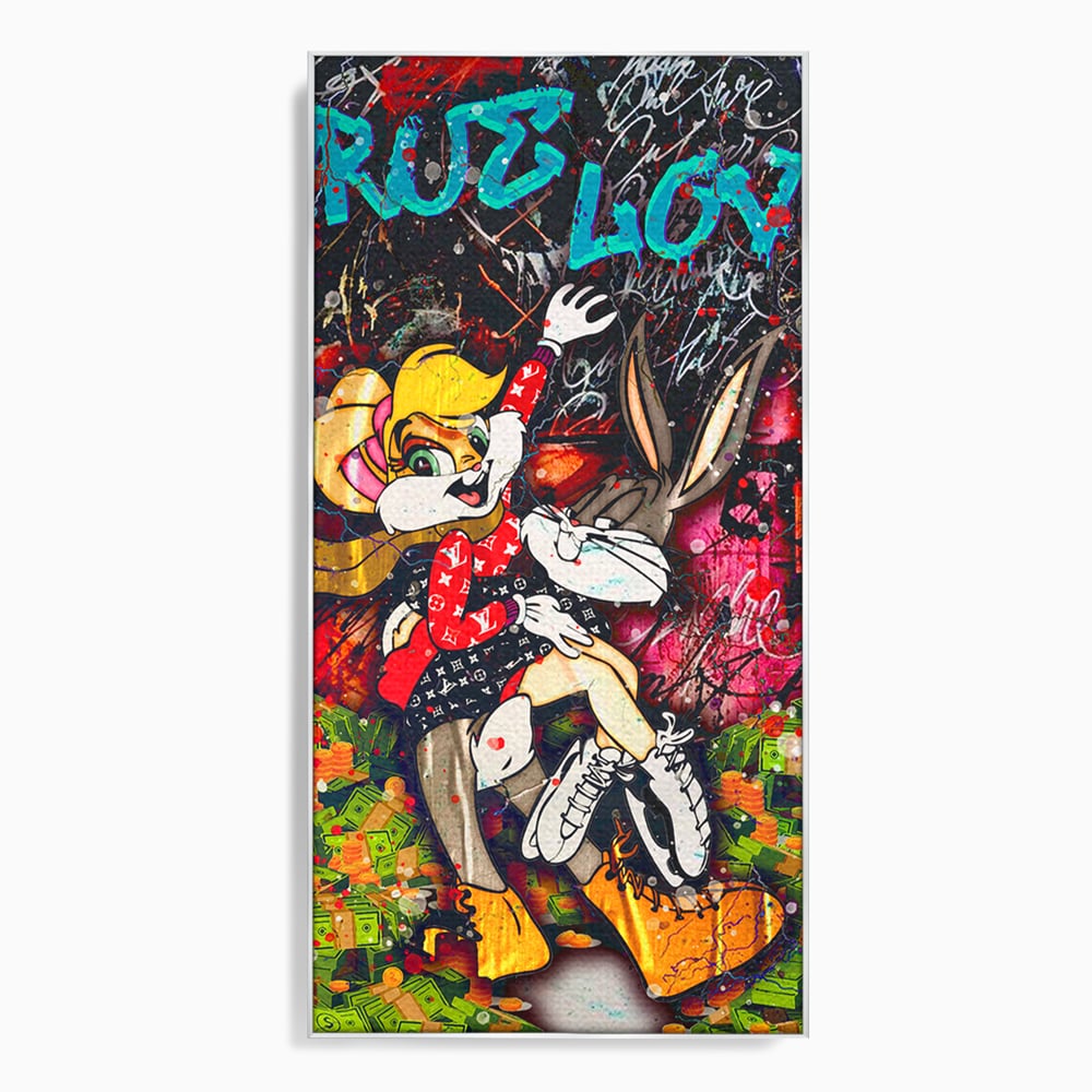 Tablou canvas cu tablou canvas cu lola bunny si bugs bunny, in rama de aluminiu argintiu