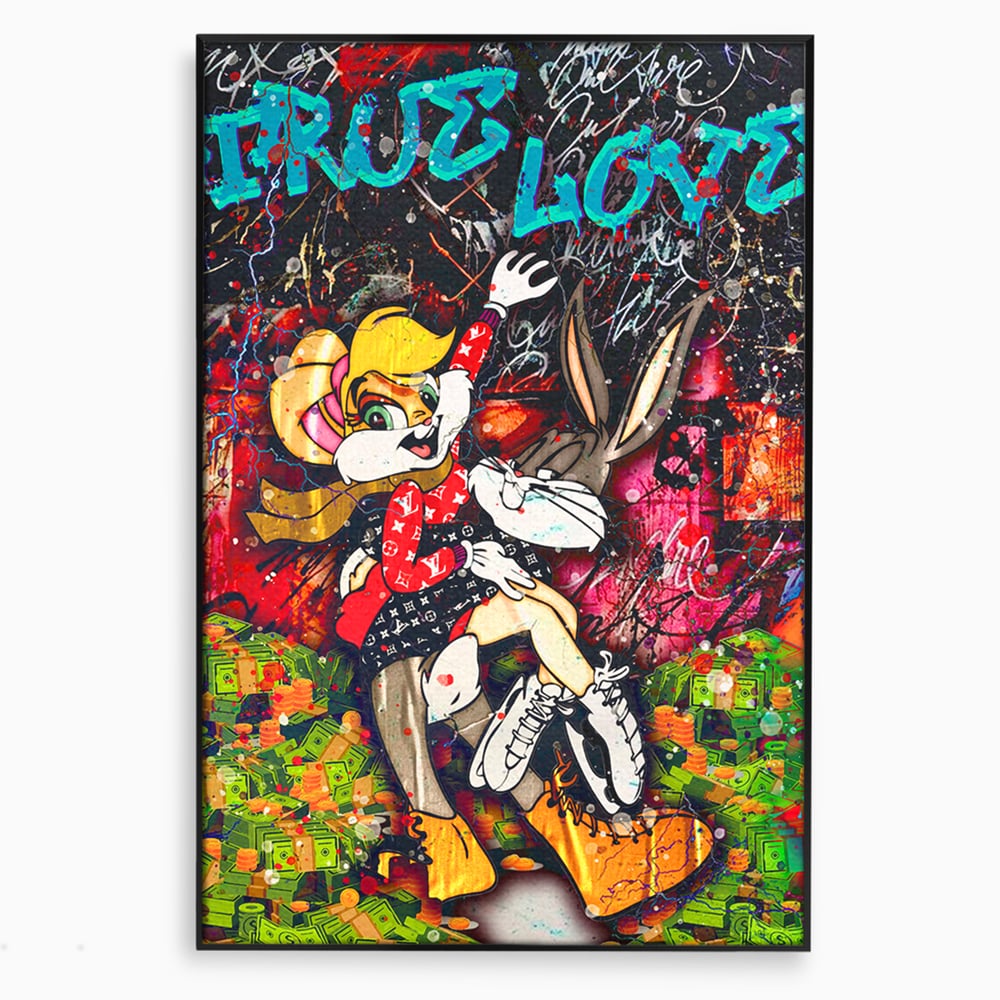 Tablou canvas cu tablou canvas cu lola bunny si bugs bunny, in rama de aluminiu negru