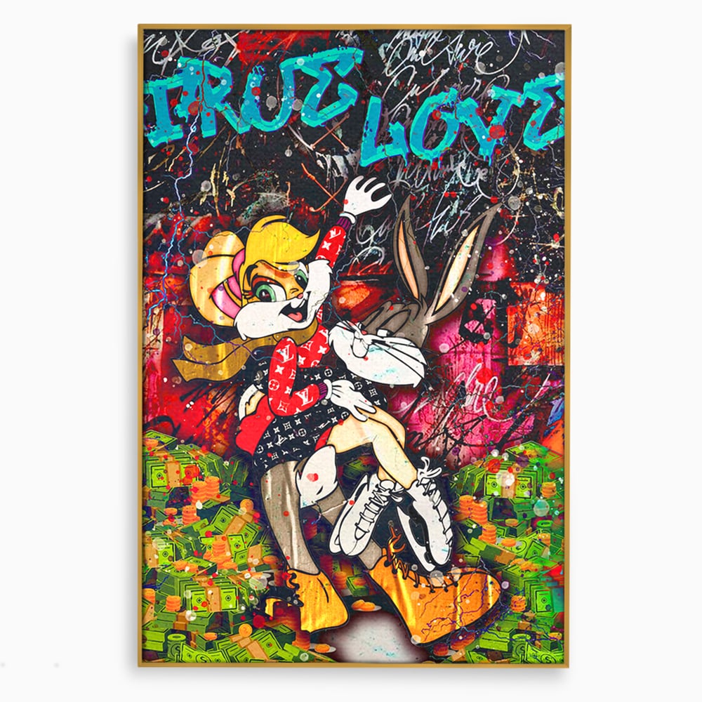 Tablou canvas cu tablou canvas cu lola bunny si bugs bunny, in rama de aluminiu auriu