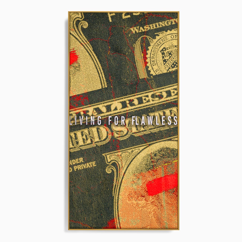 Tablou canvas cu tablou canvas cu grafica bancnota stilizata, in rama de aluminiu auriu