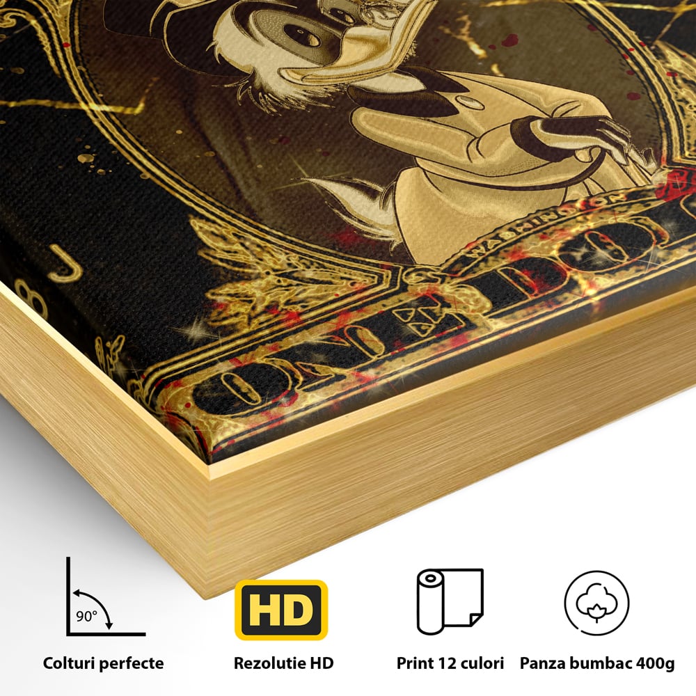 Detaliu al suprafetei: tablou canvas cu donald duck si bancnota de un dolar, in rama de aluminiu auriu