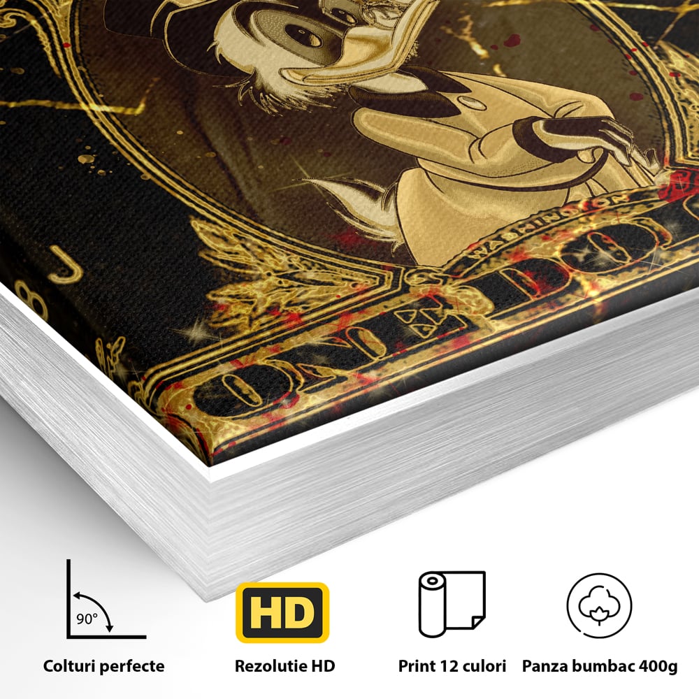 Detaliu al suprafetei: tablou canvas cu donald duck si bancnota de un dolar, in rama de aluminiu argintiu
