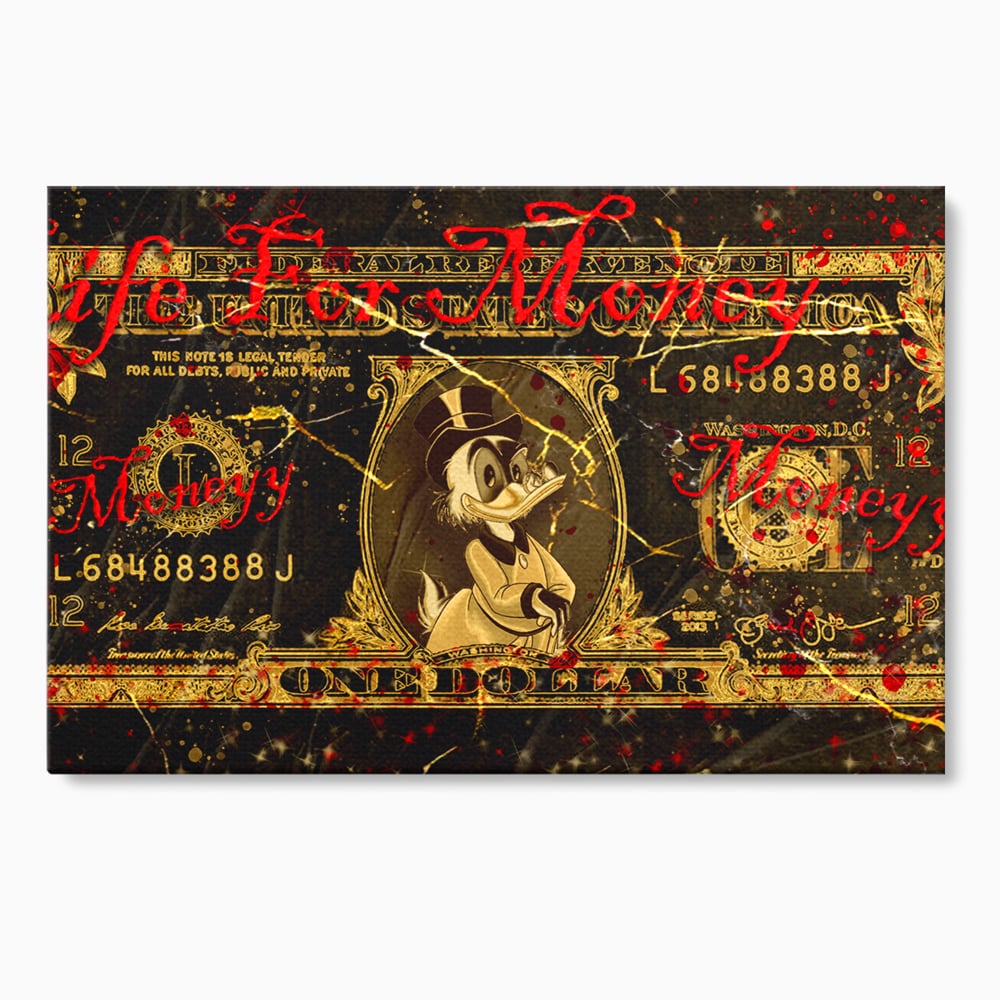 Tablou canvas cu tablou canvas cu donald duck si bancnota de un dolar, fara rama, pe sasiu de lemn