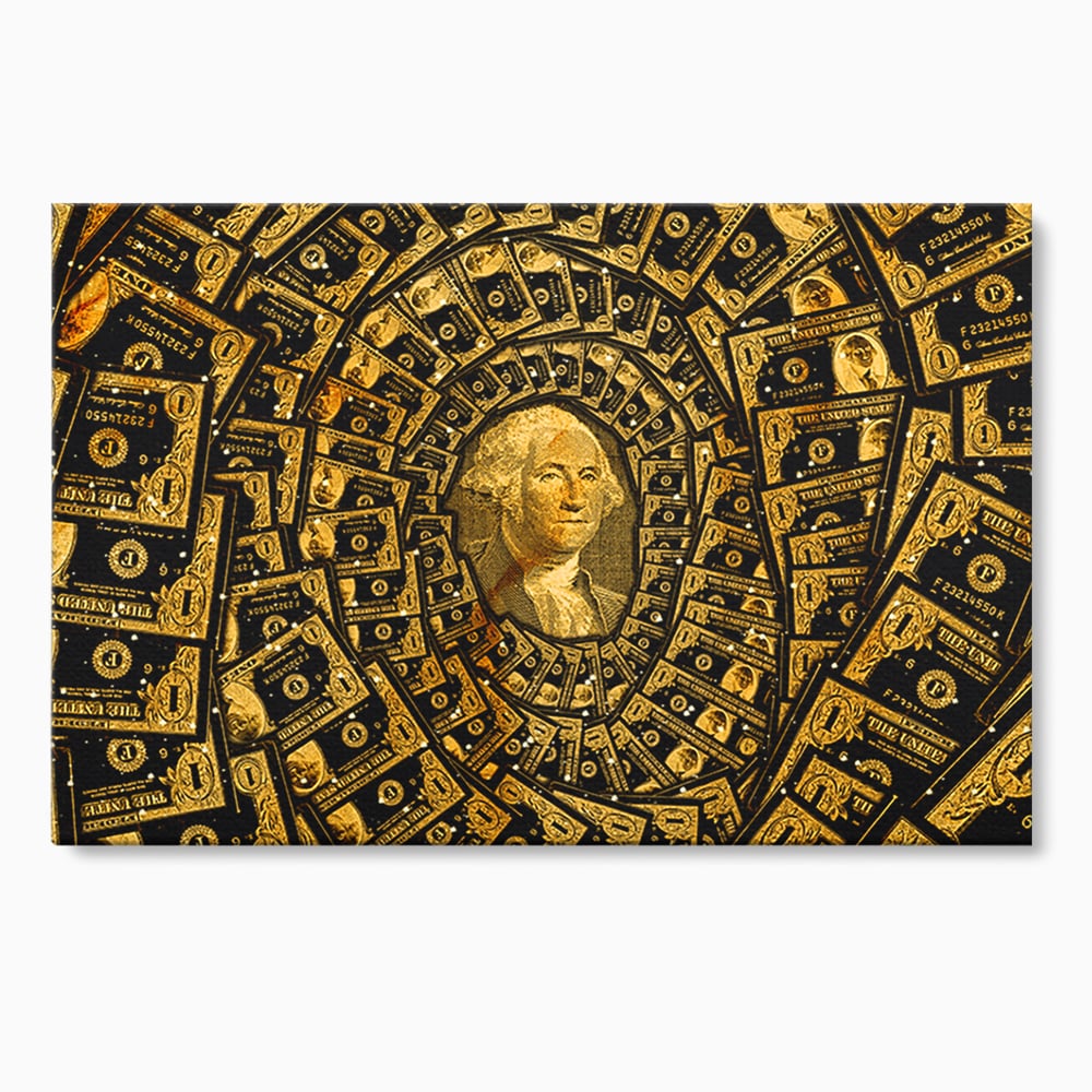 Tablou canvas cu tablou canvas cu portretul lui george washington si dolari, fara rama, pe sasiu de lemn