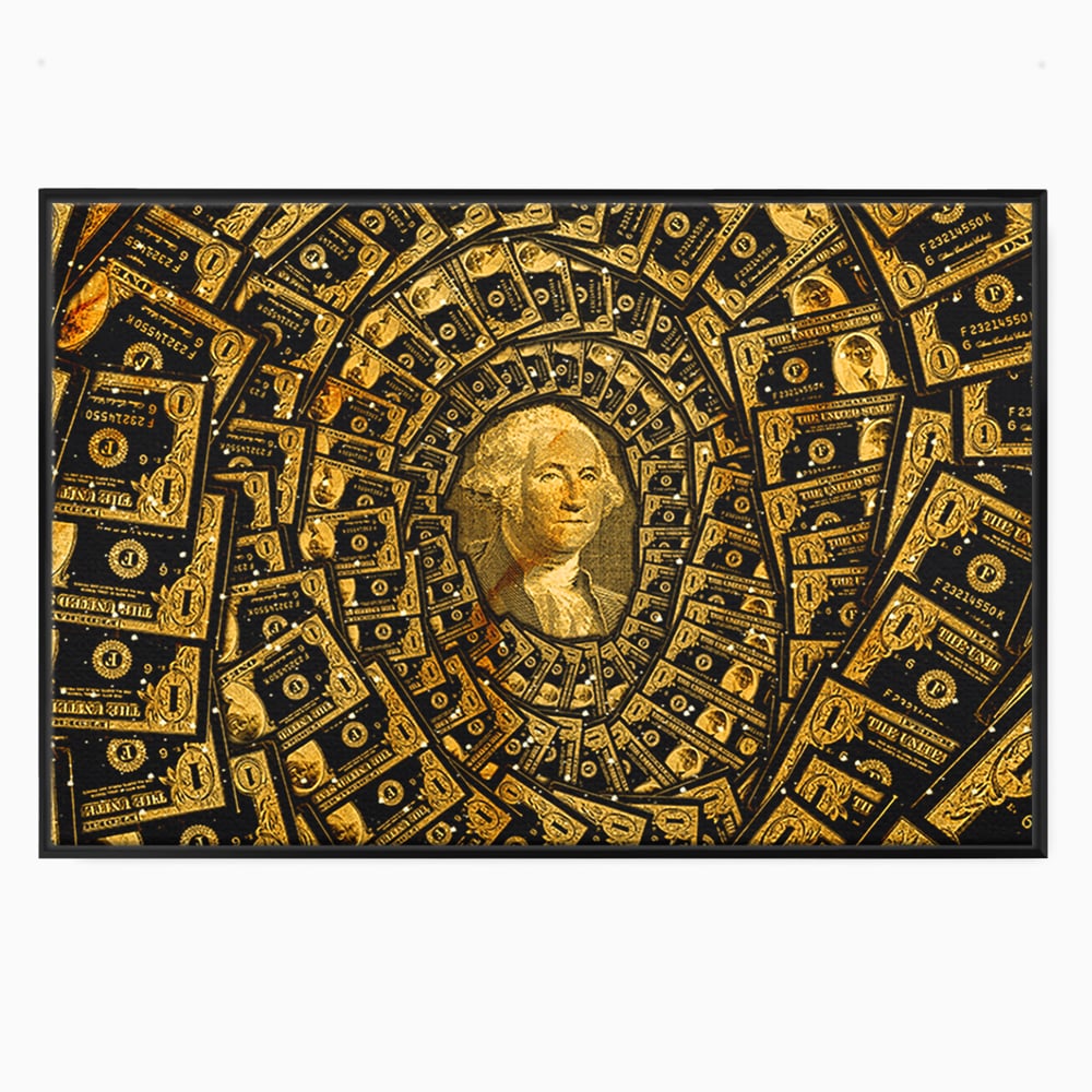 Tablou canvas cu tablou canvas cu portretul lui george washington si dolari, in rama de aluminiu negru