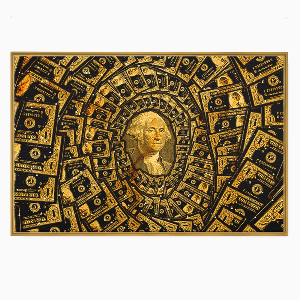 Tablou canvas cu tablou canvas cu portretul lui george washington si dolari, in rama de aluminiu auriu
