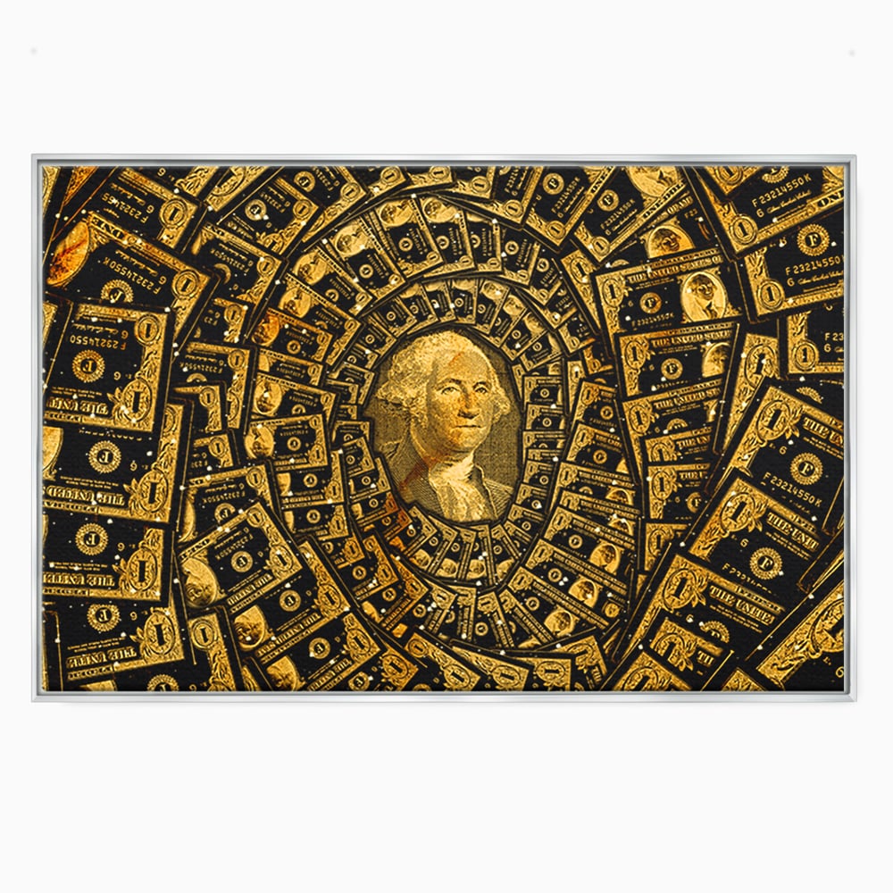 Tablou canvas cu tablou canvas cu portretul lui george washington si dolari, in rama de aluminiu argintiu