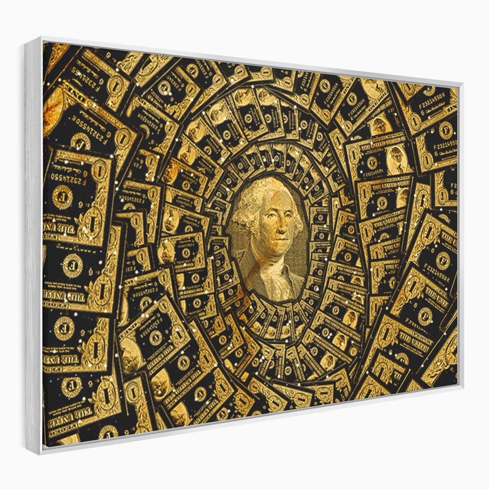 Tablou canvas cu tablou canvas cu portretul lui george washington si dolari, in rama de aluminiu argintiu