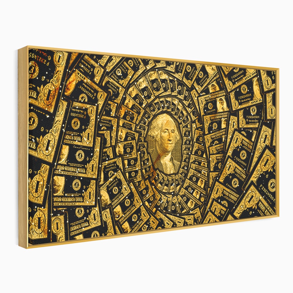 Tablou canvas cu tablou canvas cu portretul lui george washington si dolari, in rama de aluminiu auriu