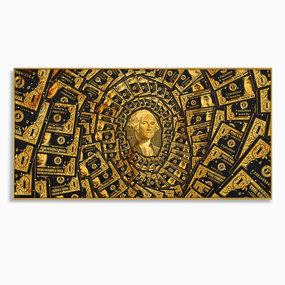 Tablou canvas cu tablou canvas cu portretul lui george washington si dolari, in rama de aluminiu auriu