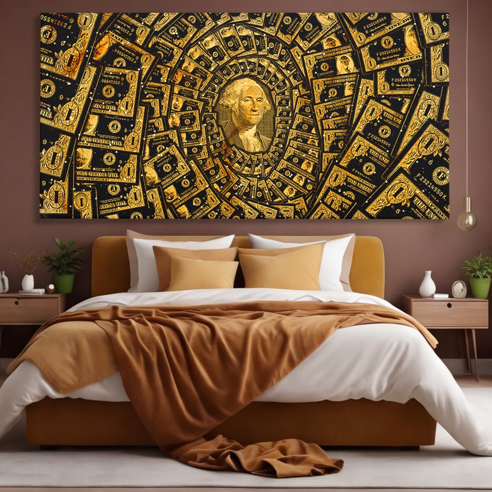 Tablou canvas cu tablou canvas cu portretul lui george washington si dolari, fara rama, pe sasiu de lemn, pe perete intr-un dormitor