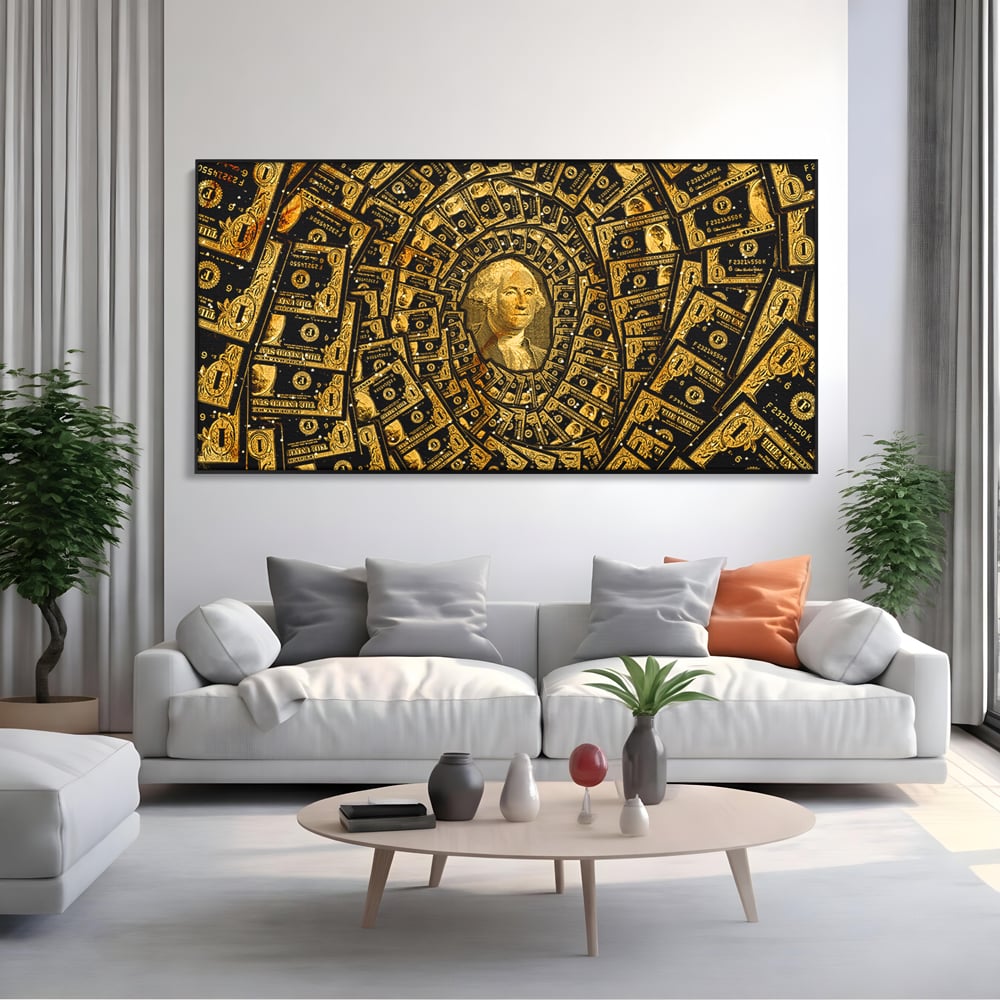 Tablou canvas cu tablou canvas cu portretul lui george washington si dolari, in rama de aluminiu negru, pe perete intr-un living