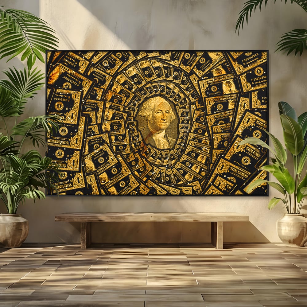 Tablou canvas cu tablou canvas cu portretul lui george washington si dolari, in rama de aluminiu negru