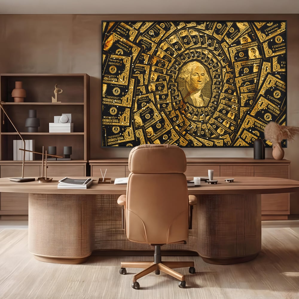 Tablou canvas cu tablou canvas cu portretul lui george washington si dolari, in rama de aluminiu negru, pe perete intr-un birou