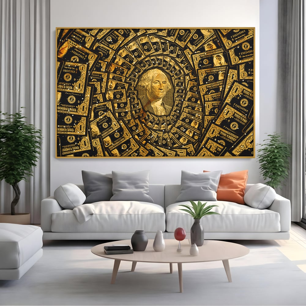 Tablou canvas cu tablou canvas cu portretul lui george washington si dolari, in rama de aluminiu auriu, pe perete intr-un living