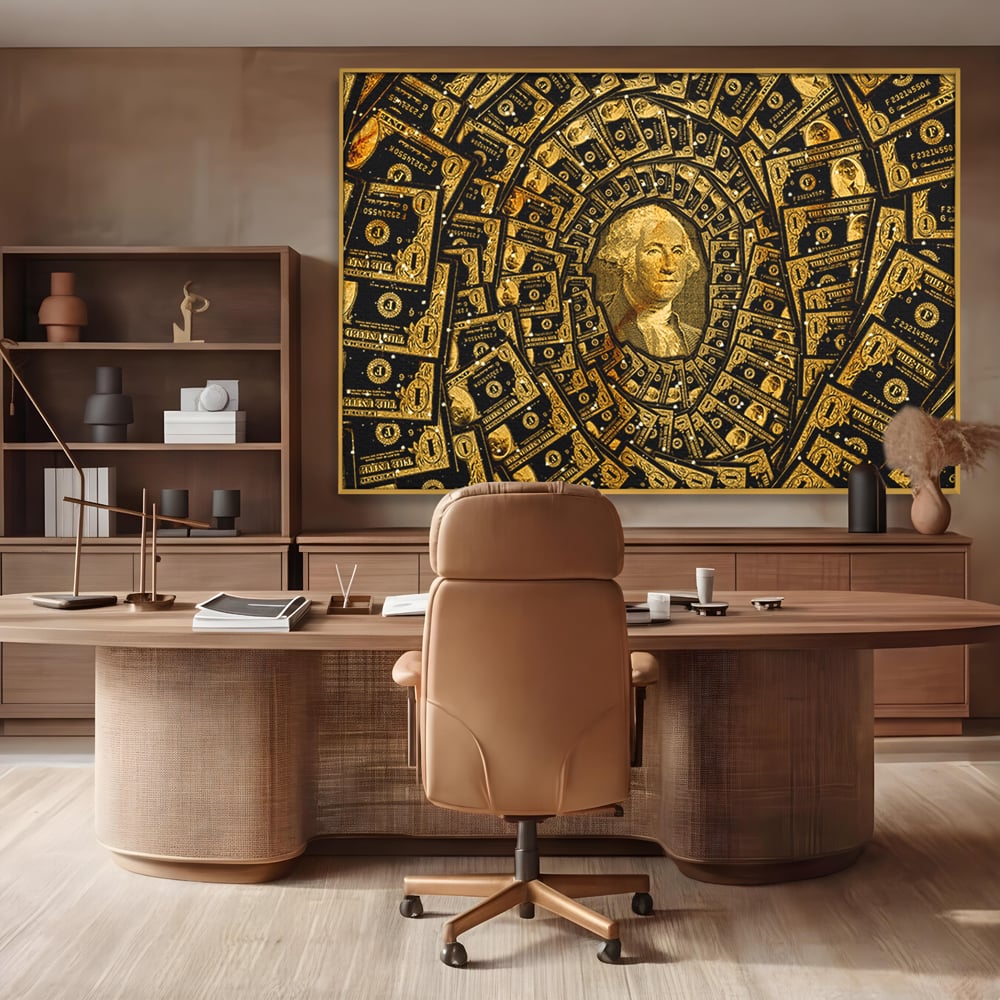 Tablou canvas cu tablou canvas cu portretul lui george washington si dolari, in rama de aluminiu auriu, pe perete intr-un birou