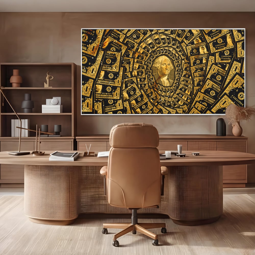 Tablou canvas cu tablou canvas cu portretul lui george washington si dolari, in rama de aluminiu argintiu, pe perete intr-un birou