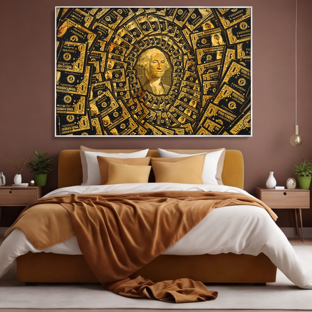 Tablou canvas cu tablou canvas cu portretul lui george washington si dolari, in rama de aluminiu argintiu, pe perete intr-un dormitor
