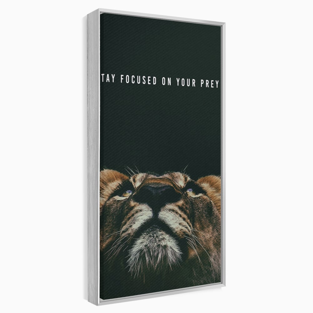 Tablou canvas cu tablou canvas cu leu si mesaj motivational, in rama de aluminiu argintiu