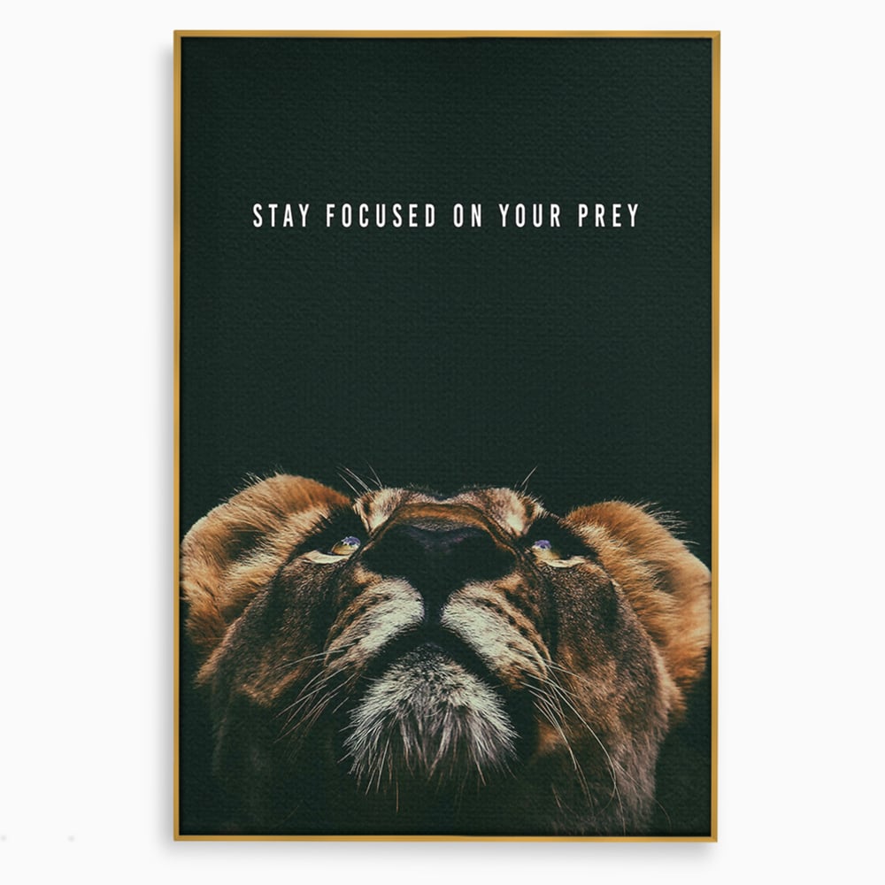 Tablou canvas cu tablou canvas cu leu si mesaj motivational, in rama de aluminiu auriu