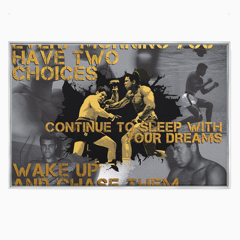 Tablou canvas cu tablou canvas motivational cu muhammad ali, in rama de aluminiu argintiu