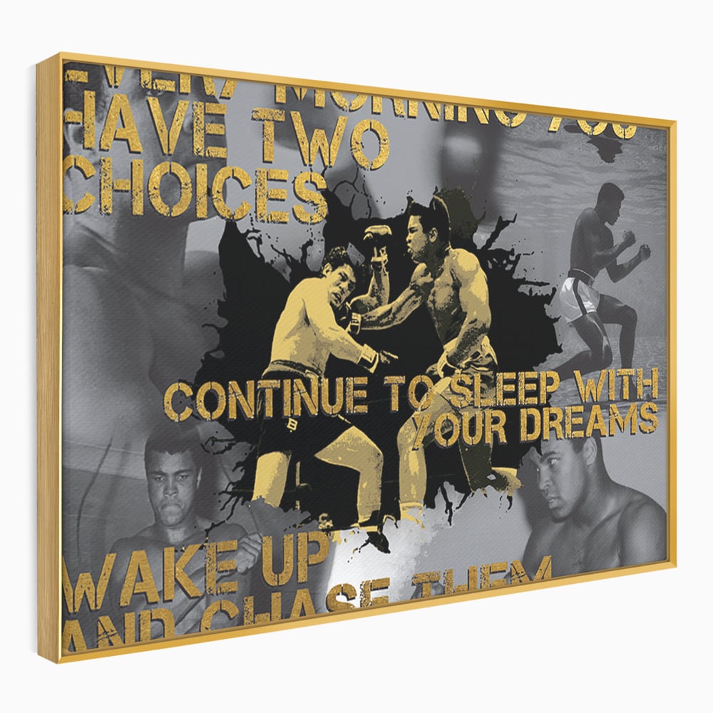 Tablou canvas cu tablou canvas motivational cu muhammad ali, in rama de aluminiu auriu