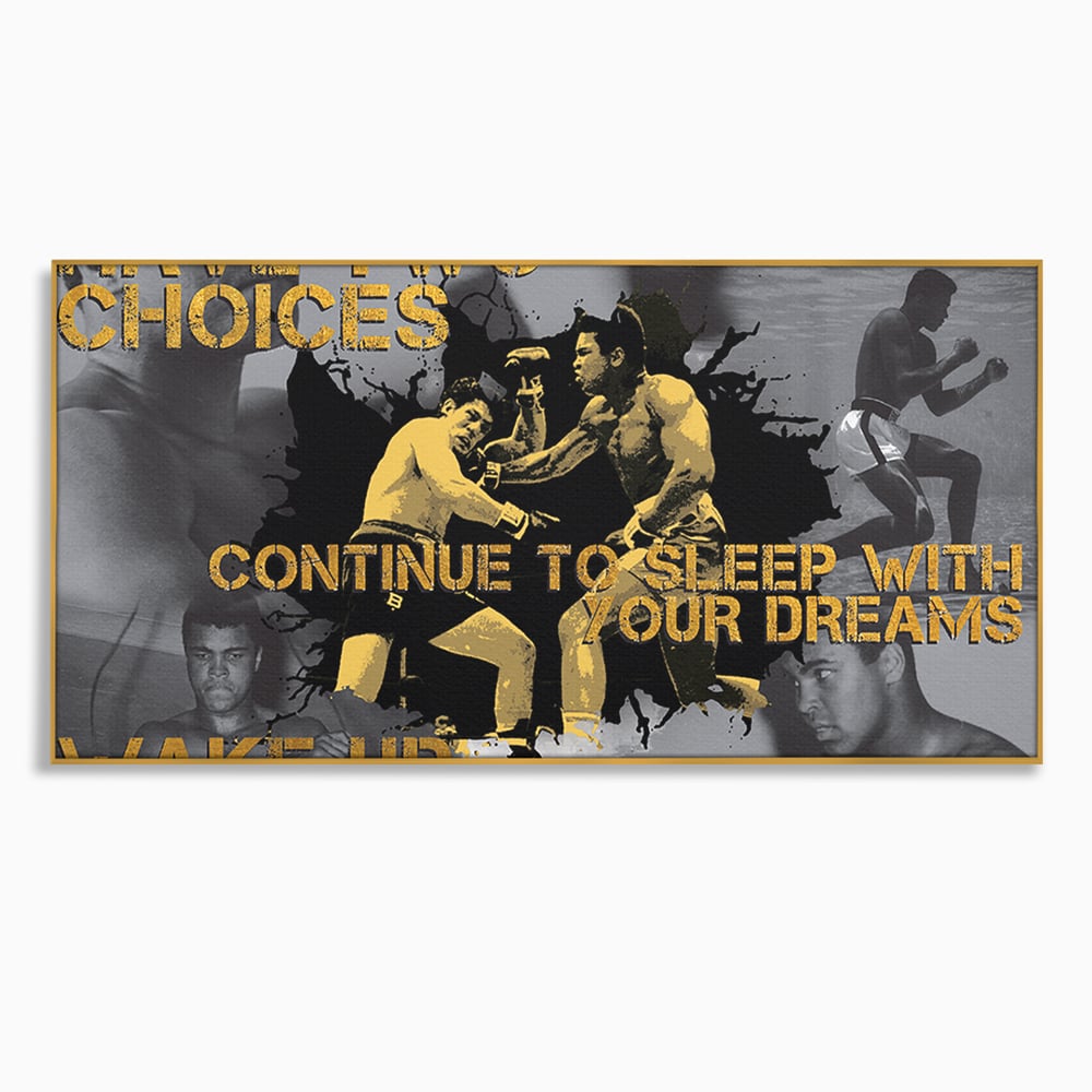 Tablou canvas cu tablou canvas motivational cu muhammad ali, in rama de aluminiu auriu