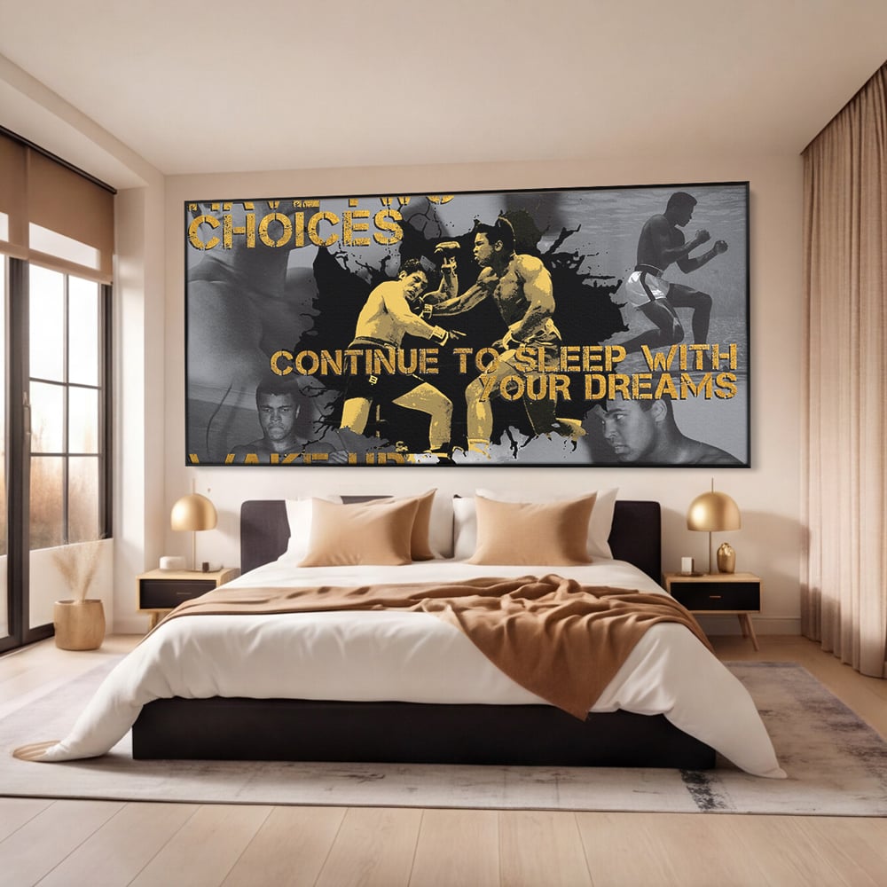 Tablou canvas cu tablou canvas motivational cu muhammad ali, in rama de aluminiu negru, pe perete intr-un dormitor