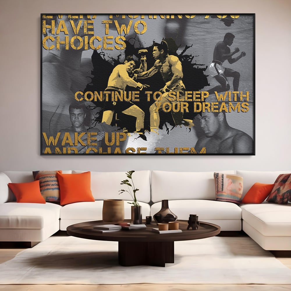Tablou canvas cu tablou canvas motivational cu muhammad ali, in rama de aluminiu negru, pe perete intr-un living