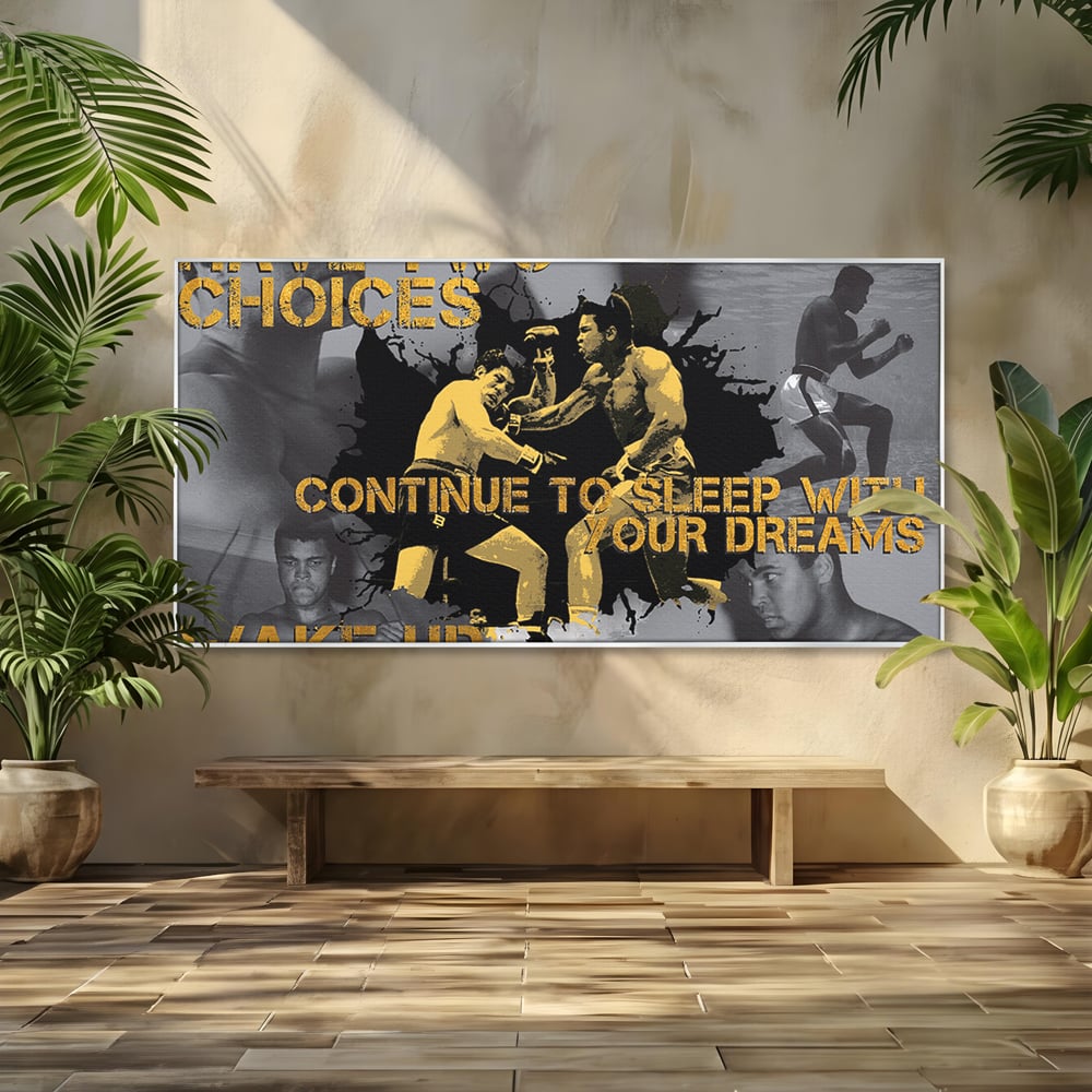 Tablou canvas cu tablou canvas motivational cu muhammad ali, in rama de aluminiu argintiu