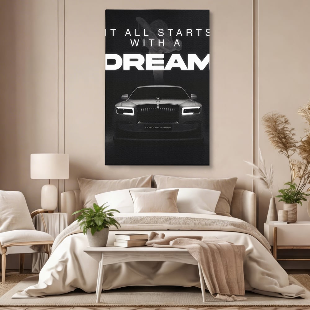 Tablou canvas cu tablou canvas cu masina rolls-royce, fara rama, pe sasiu de lemn, pe perete intr-un dormitor