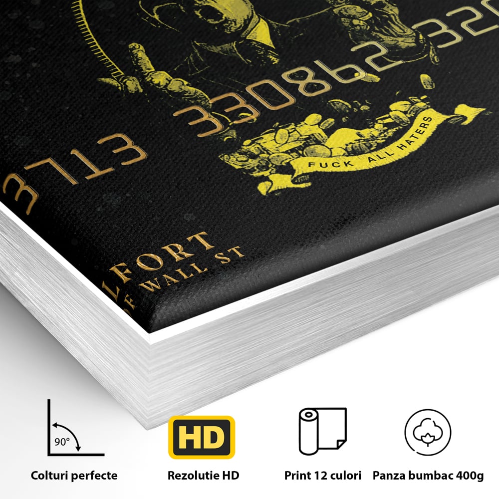 Detaliu al suprafetei: tablou canvas cu card bancar auriu, in rama de aluminiu argintiu
