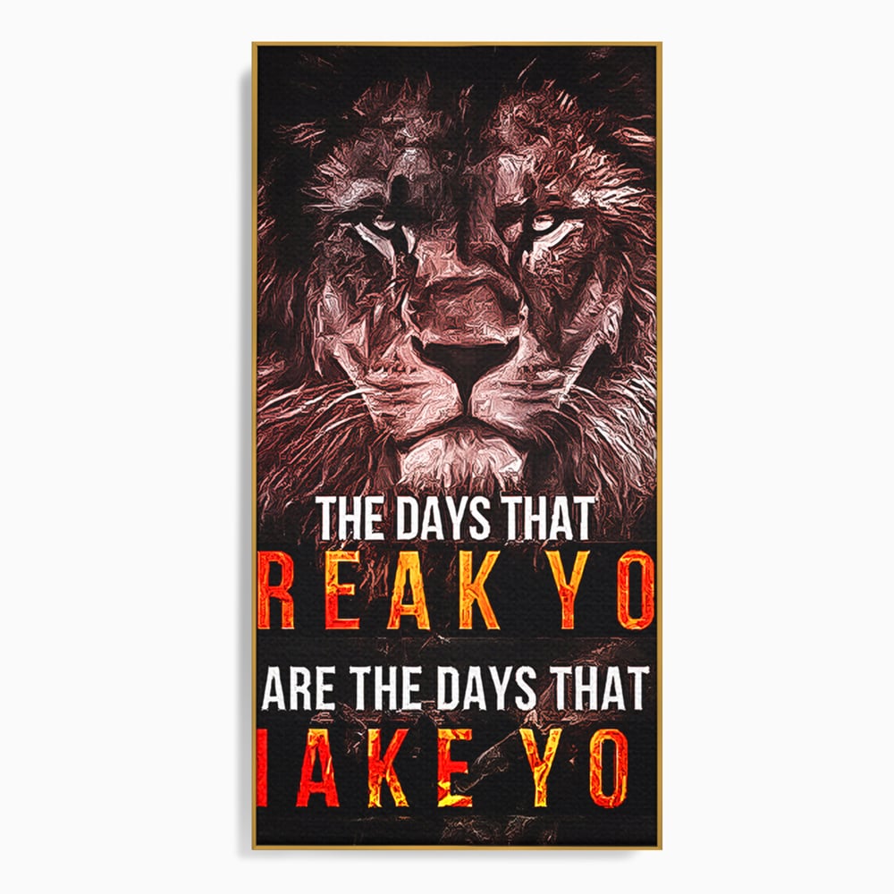 Tablou canvas cu tablou canvas cu leu si mesaj motivational, in rama de aluminiu auriu