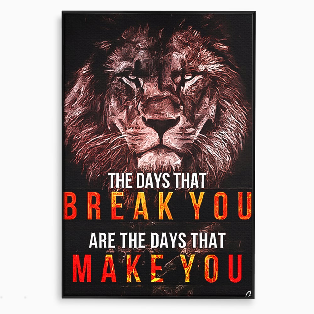 Tablou canvas cu tablou canvas cu leu si mesaj motivational, in rama de aluminiu negru