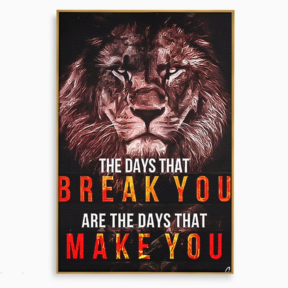 Tablou canvas cu tablou canvas cu leu si mesaj motivational, in rama de aluminiu auriu