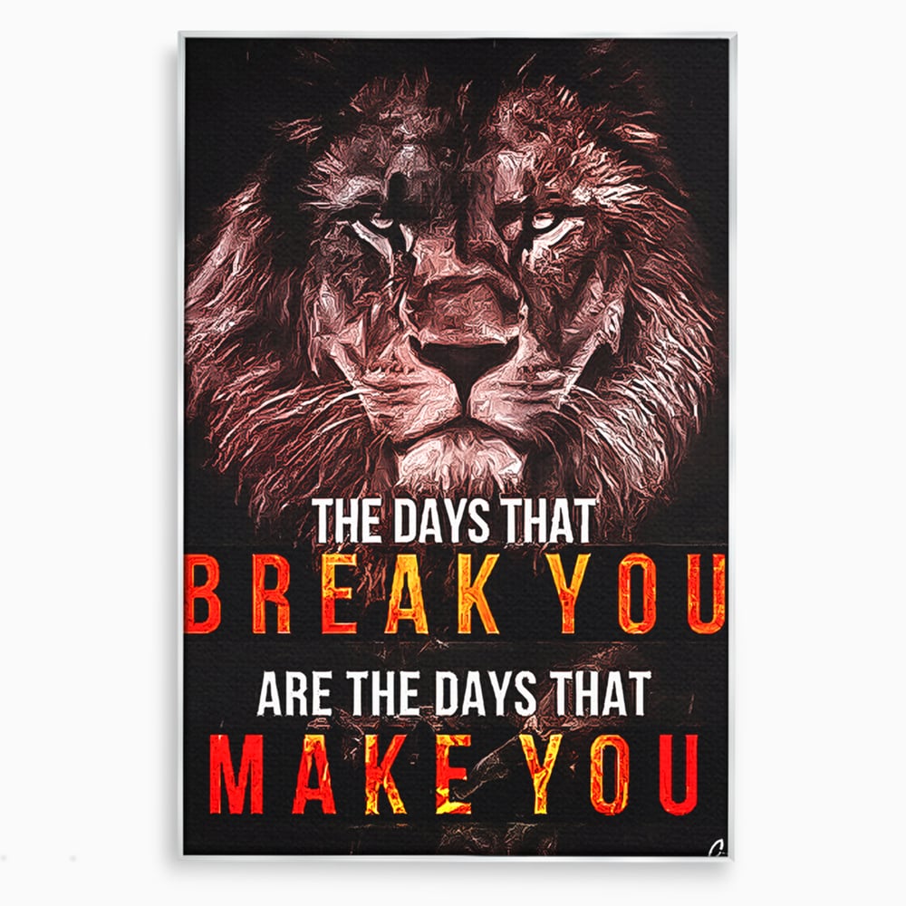 Tablou canvas cu tablou canvas cu leu si mesaj motivational, in rama de aluminiu argintiu